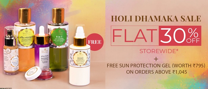 India Desire : Justherbs Holi Dhamaka Sale- Flat 30% Off On Storewide + Free Sun Protection Gel Worth Rs 795 On Orders Above Rs 1045